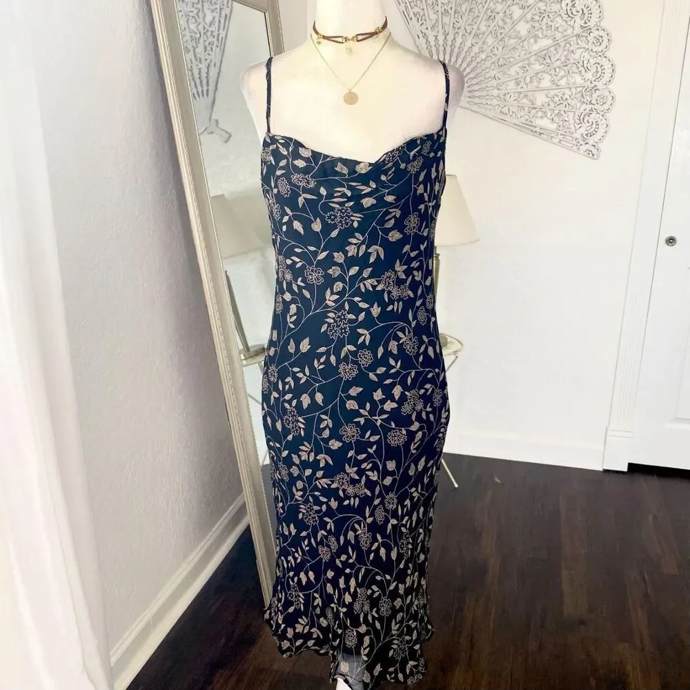 Ellen Brook Black Tan Y2K Romantic Floral Mesh Cowl neck Midi Dress S - Picture 1 of 7